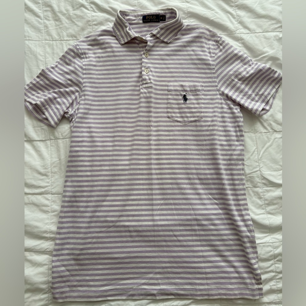 Polo by Ralph Lauren Purple and White Striped Classic Polo Front Pocket Logo